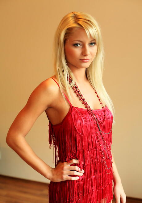 Adorable czech blond Pinky June in sexy skirt shows big tits and spreads her legs 